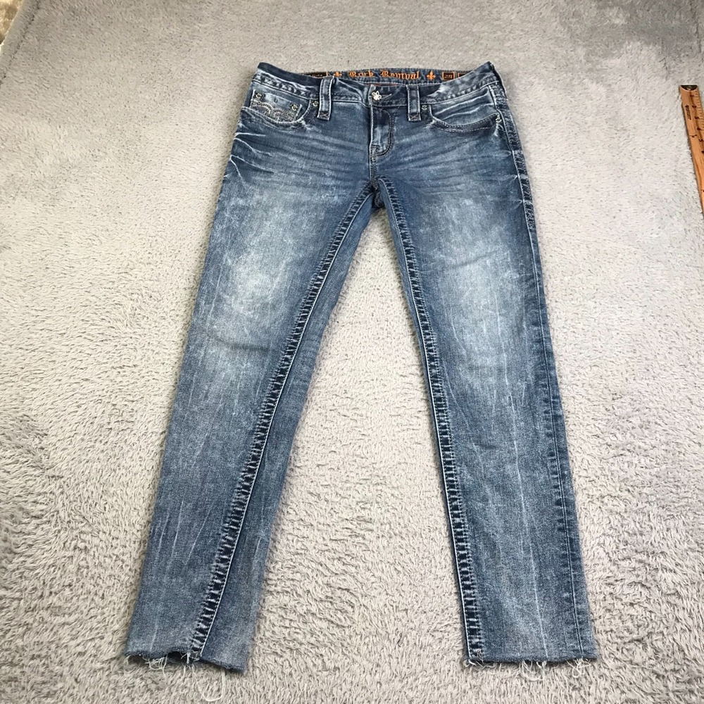 Rock Revival Jeans Womens 29 (32x28) Alivia Skinny Low Rise Acid Wash Ankle Fray